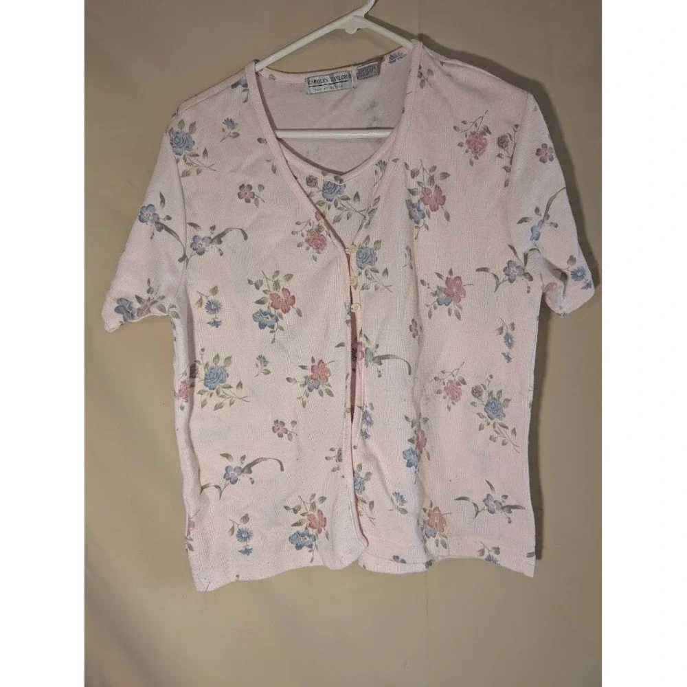 Carolyn Taylor Pink Floral Button Front Short Sleeve Top Size Large - Picture 1 of 3